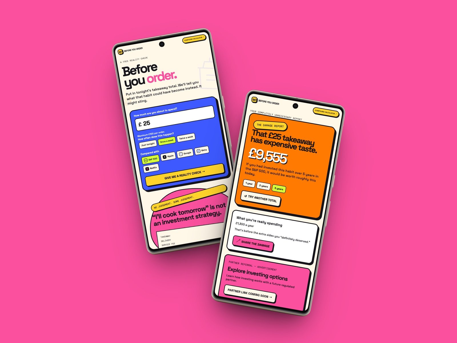Before You Order input and results screens shown on two mobile phones